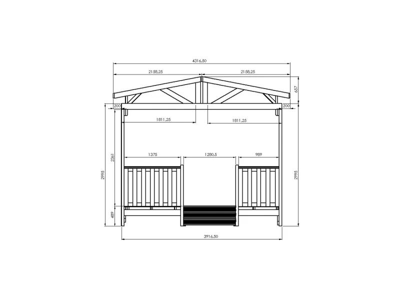 Vue de côté de la terrasse commune pour 2 mobil-homes, la Tribu XL Clairval couverte avec balustrades et deux escaliers deux marches