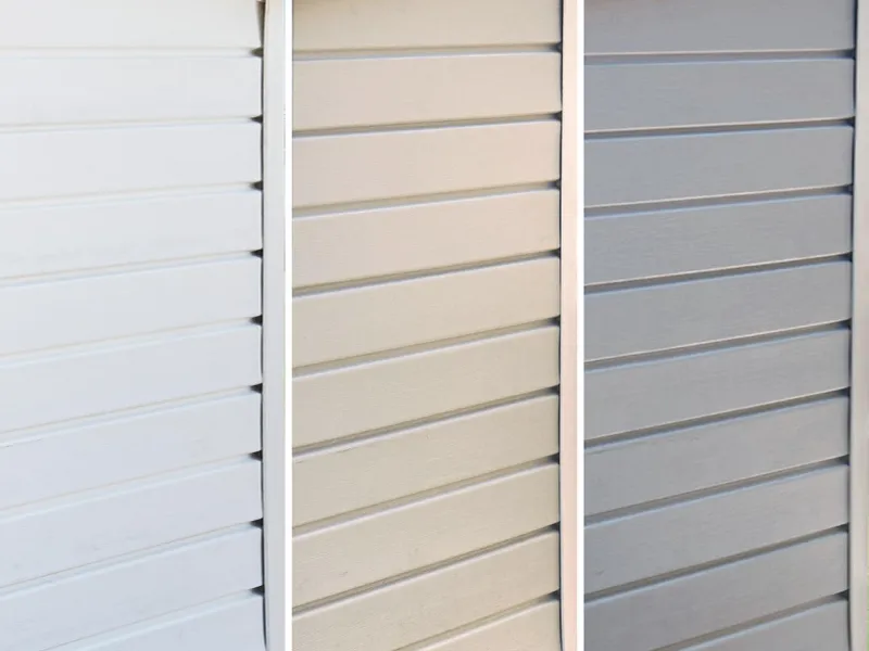 Choix des coloris de bardage d'abri de jardin PVC Clairval : Blanc/ Sand/ Gris Bleuté (Nouveau)