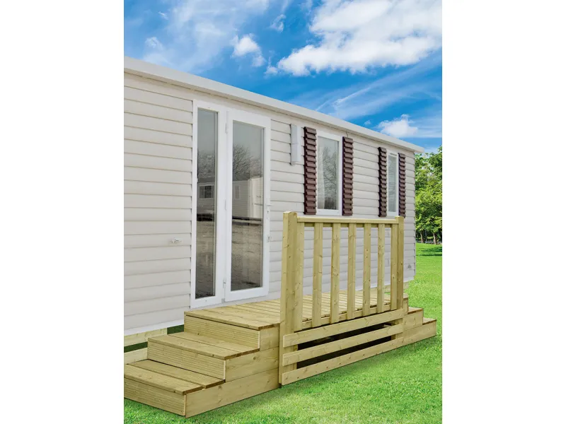Perron bois "luxe" double escalier pour mobilhome, extension terrasse bois Clairval